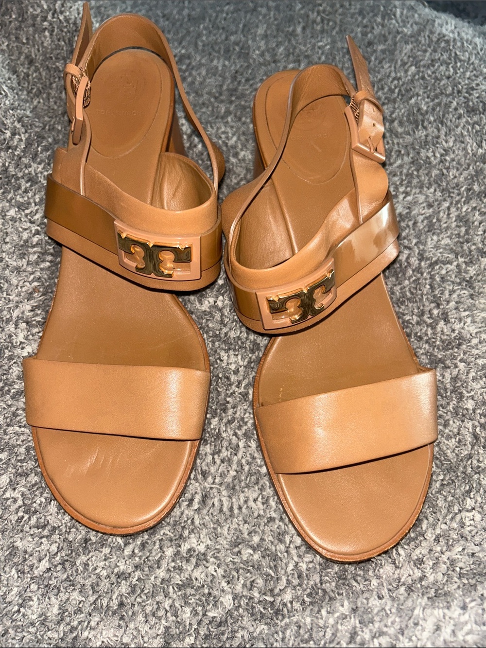 Tory Burch Cognac Leather Logo Slingback Sandals